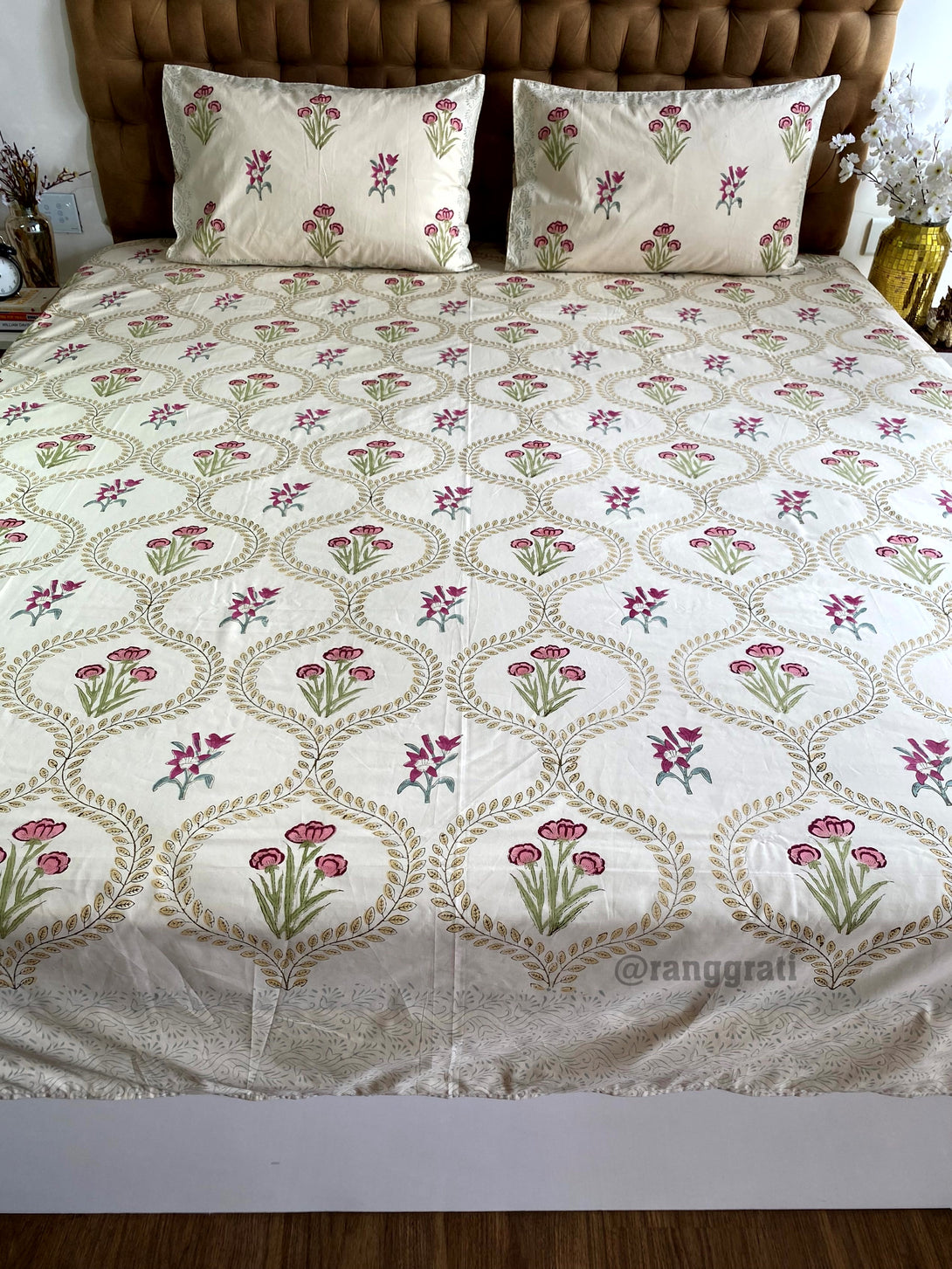 King Size Beige Jaal Pink Floral Hand Block Cotton Bedsheet