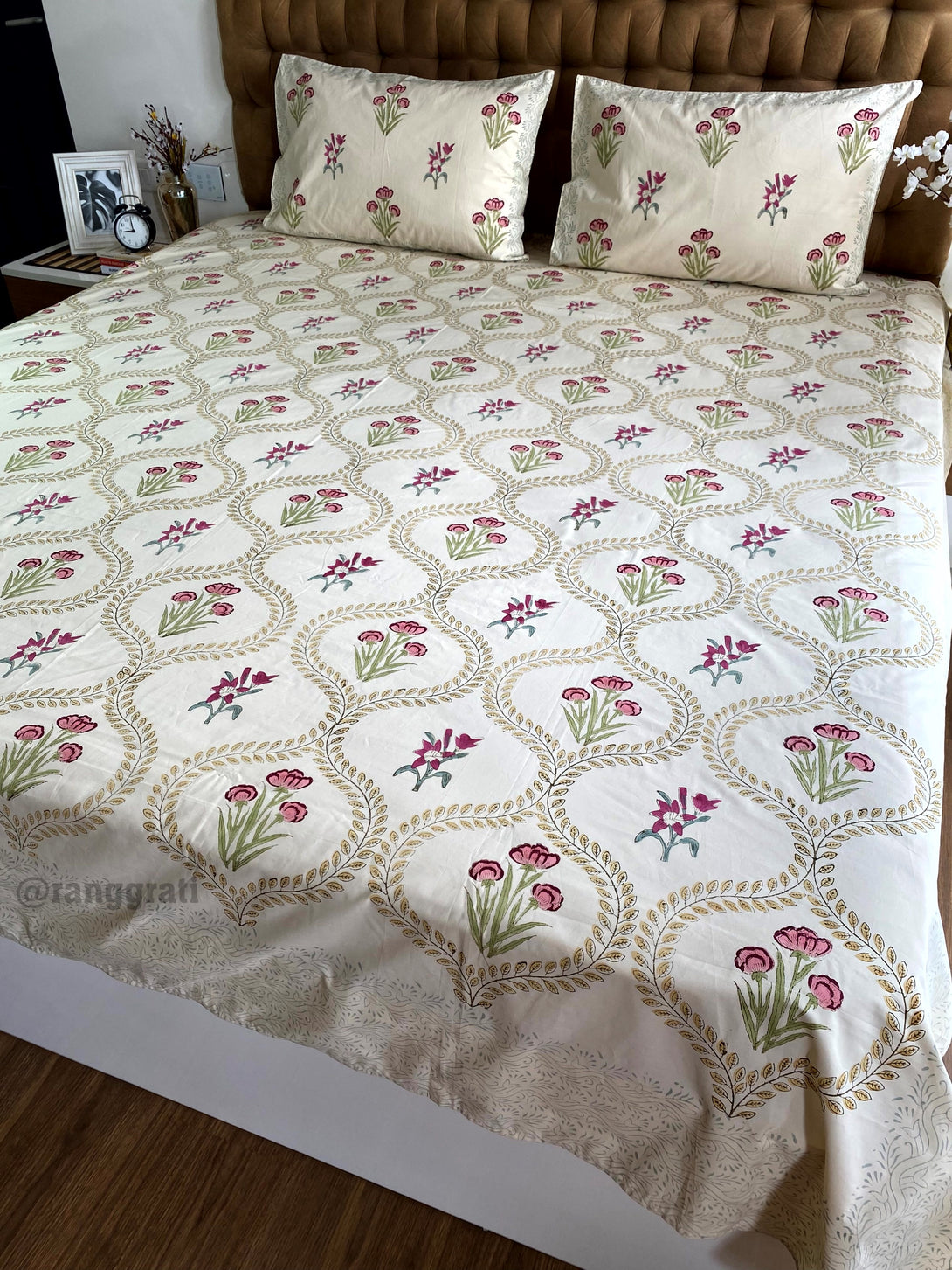 Hand Block Cotton Beige Jaal Pink Floral King Size Bedsheet