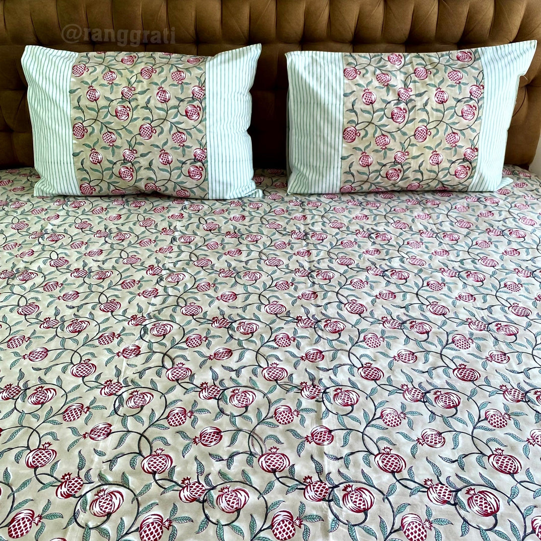 Beige Pomegranate Super King Size 250 TC Bedsheet Cotton Hand Block - Bedsheet