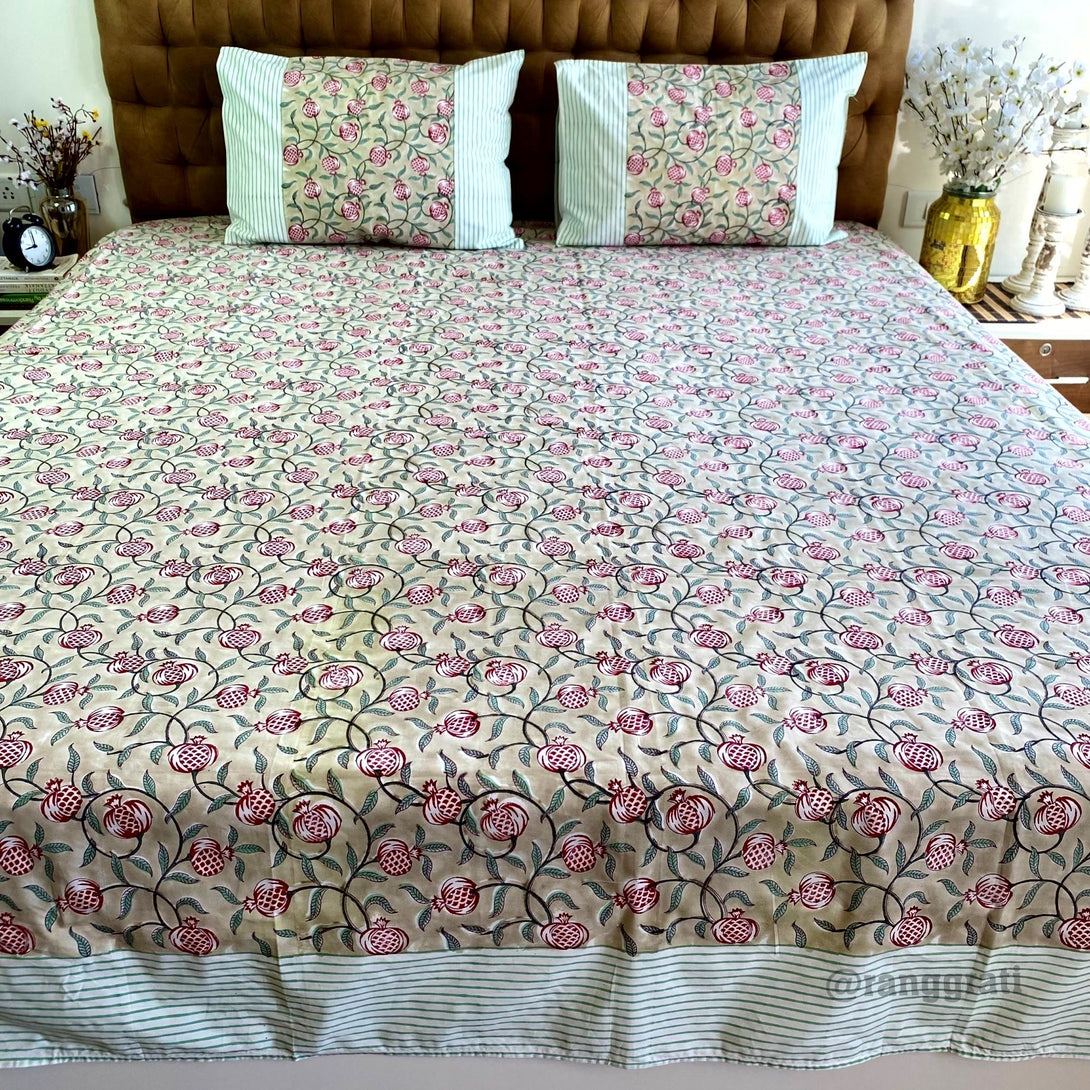 Beige Pomegranate Super King Size 250 TC Bedsheet Cotton Hand Block - Bedsheet