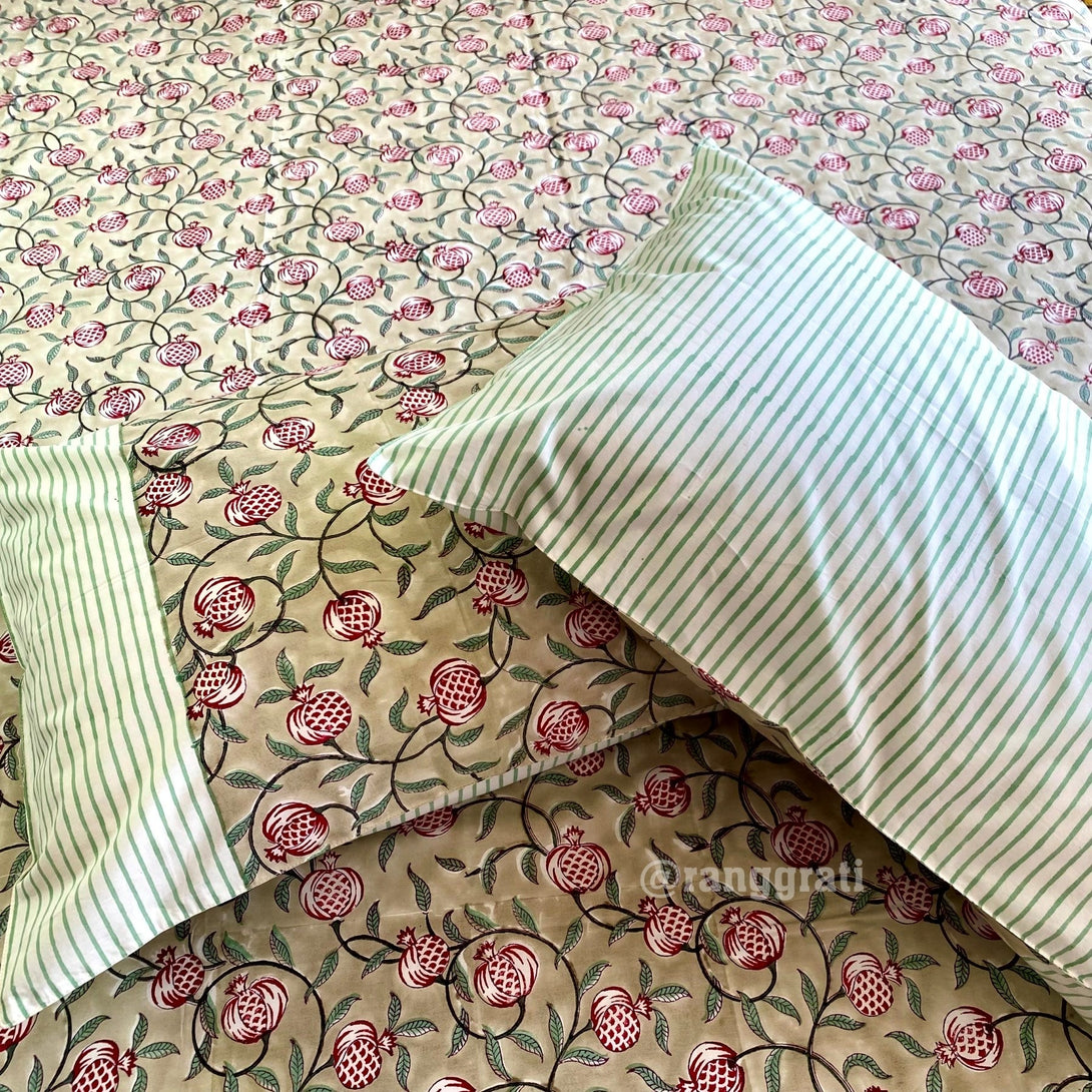Beige Pomegranate Super King Size 250 TC Bedsheet Cotton Hand Block - Bedsheet