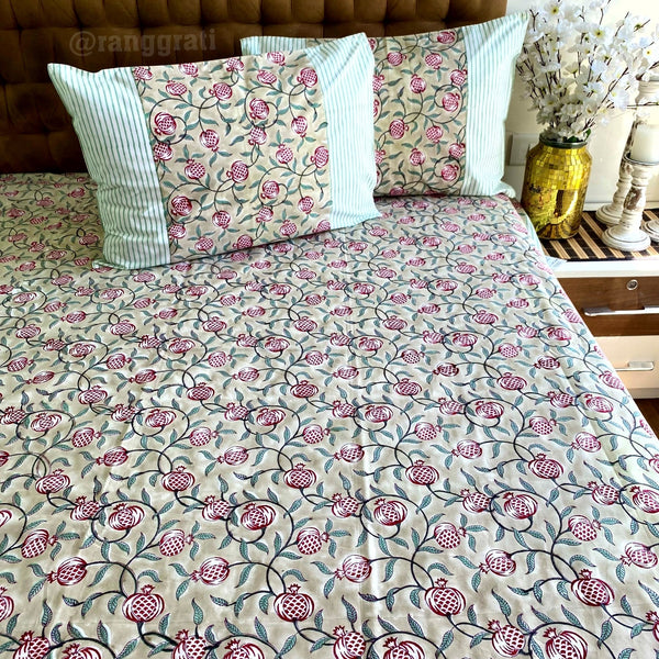 Beige Pomegranate Super King Size 250 TC Bedsheet Cotton Hand Block - Bedsheet