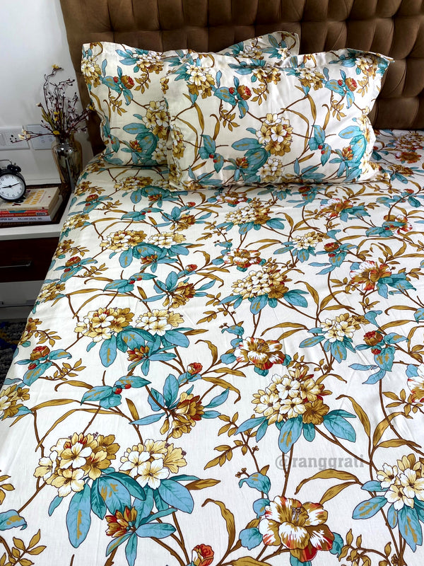 Beige Teal Floral Double Bed Large Size Bedsheet Cotton | 108x108 inches