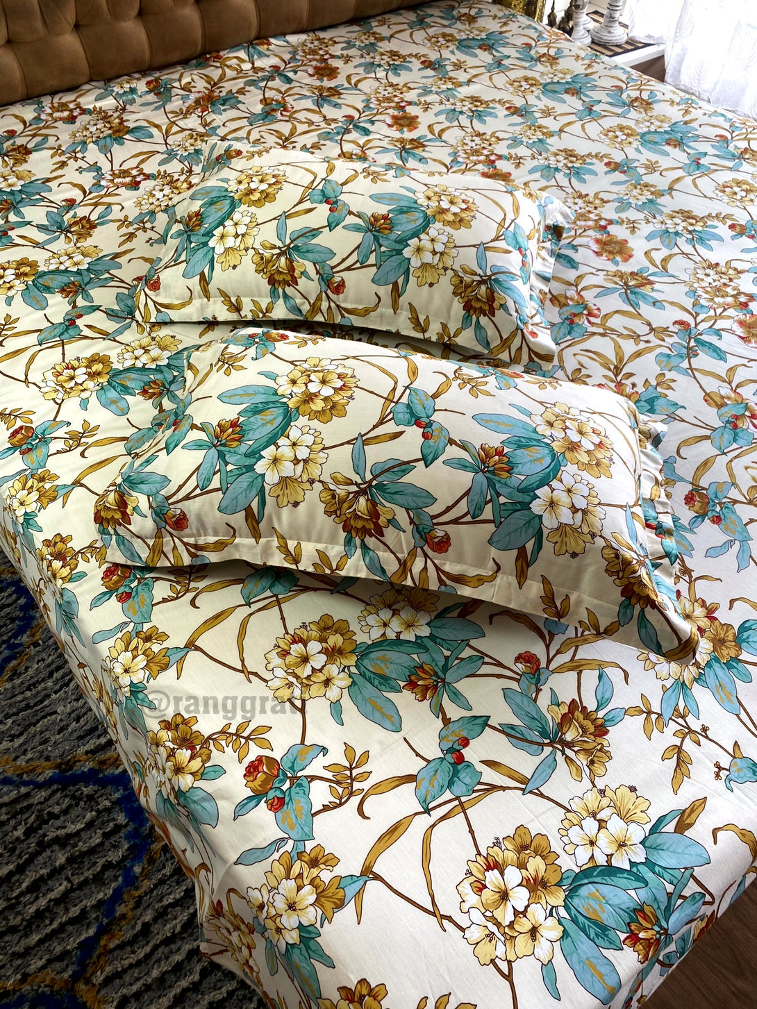 Beige Teal Floral Double Bed Bedsheet Cotton With Pillow Covers