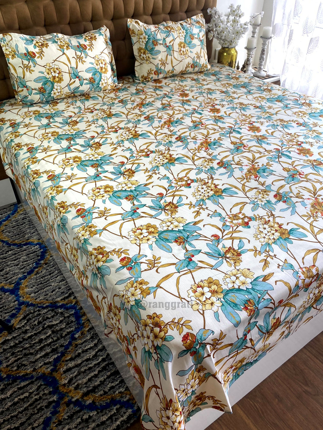 Beige Teal Floral Double Bed  Bedsheet Cotton Super King Size