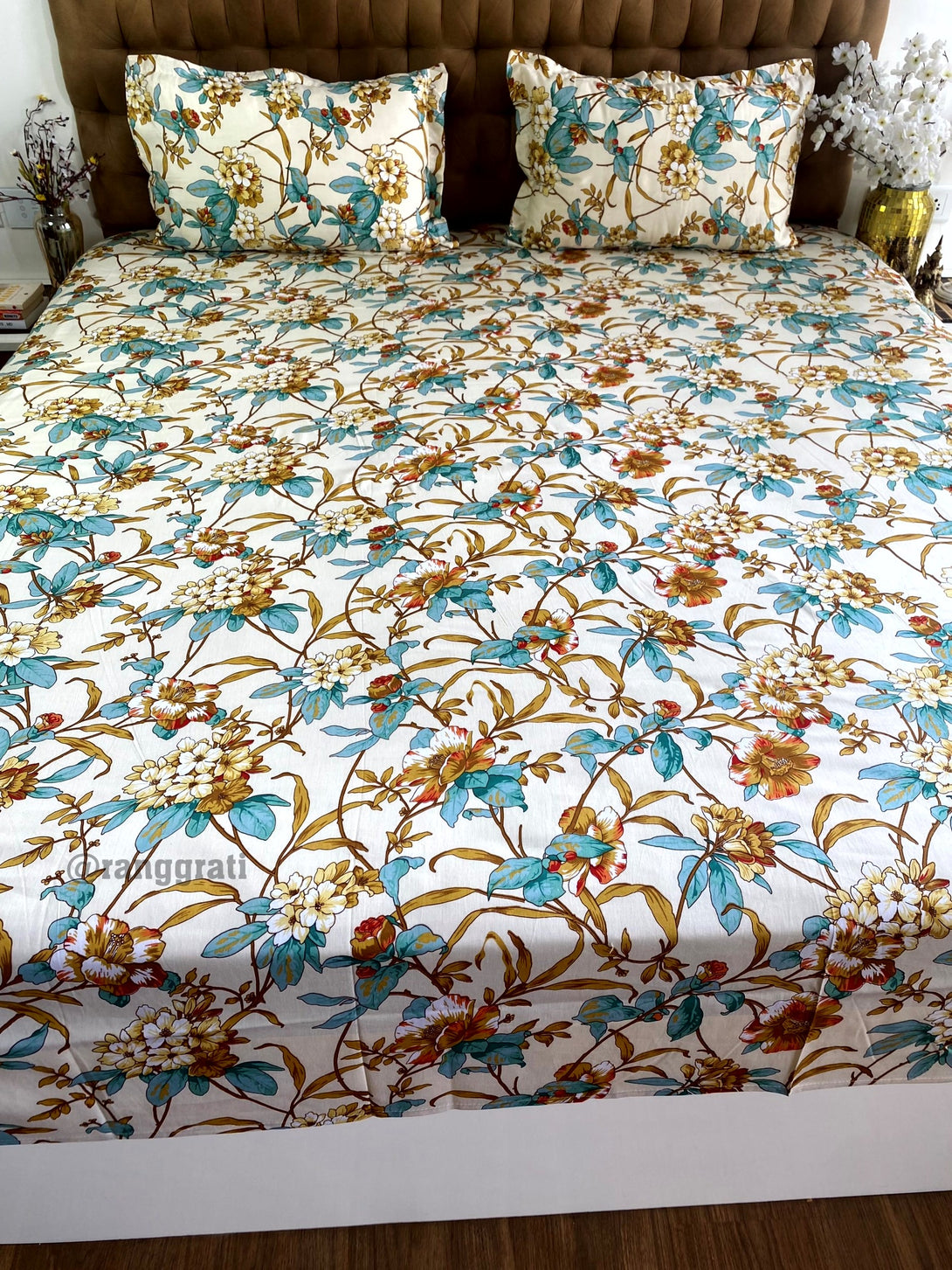 Super King Beige Teal Floral Double Bed Large Size Bedsheet Cotton 