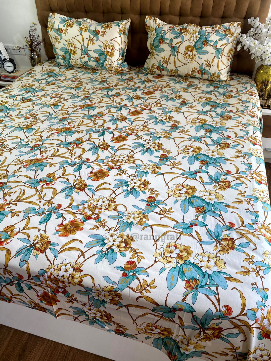 Beige Teal Floral Double Bed Bedsheet Cotton | 108x108 inches