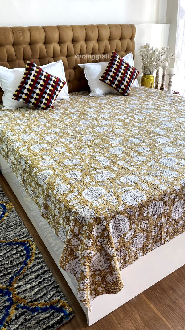 Beige White Floral Kantha Bedcover For Double Bed King Size