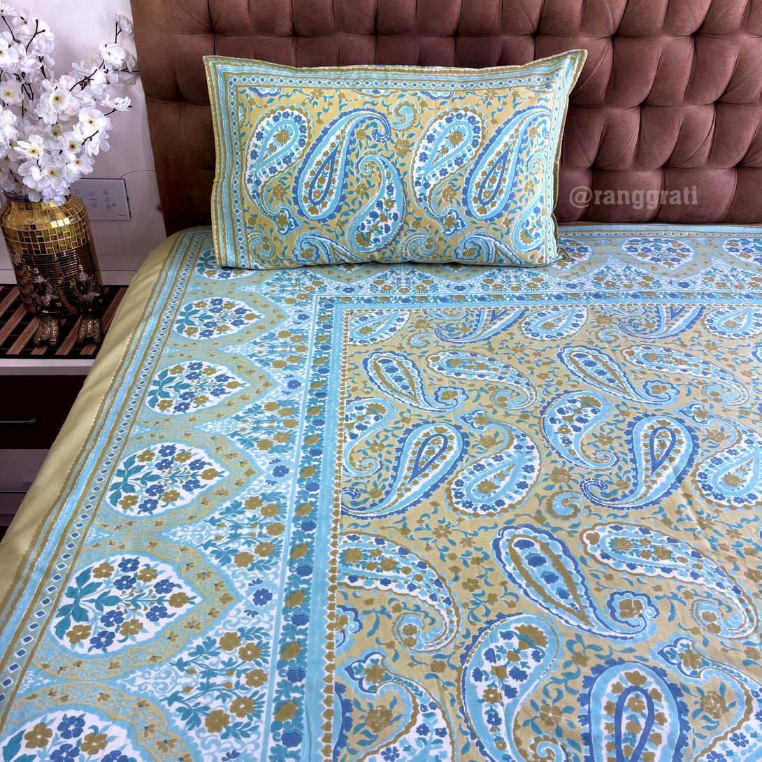 Beige Yellow Paisley Jaipuri Cotton Bedsheet King Size - Bedsheet