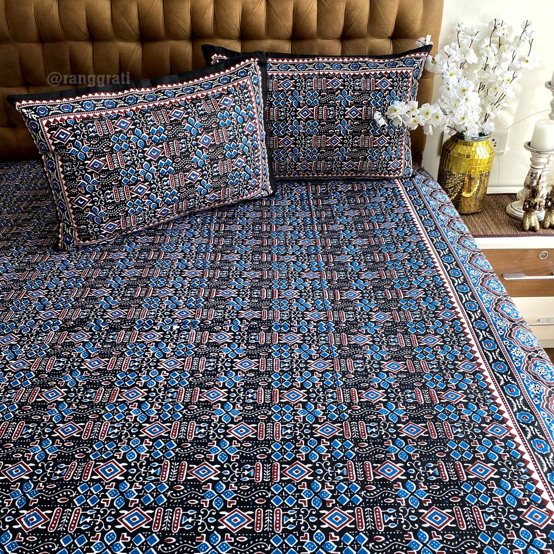 Black Abstract Jaipuri Cotton Bedsheet Queen Size