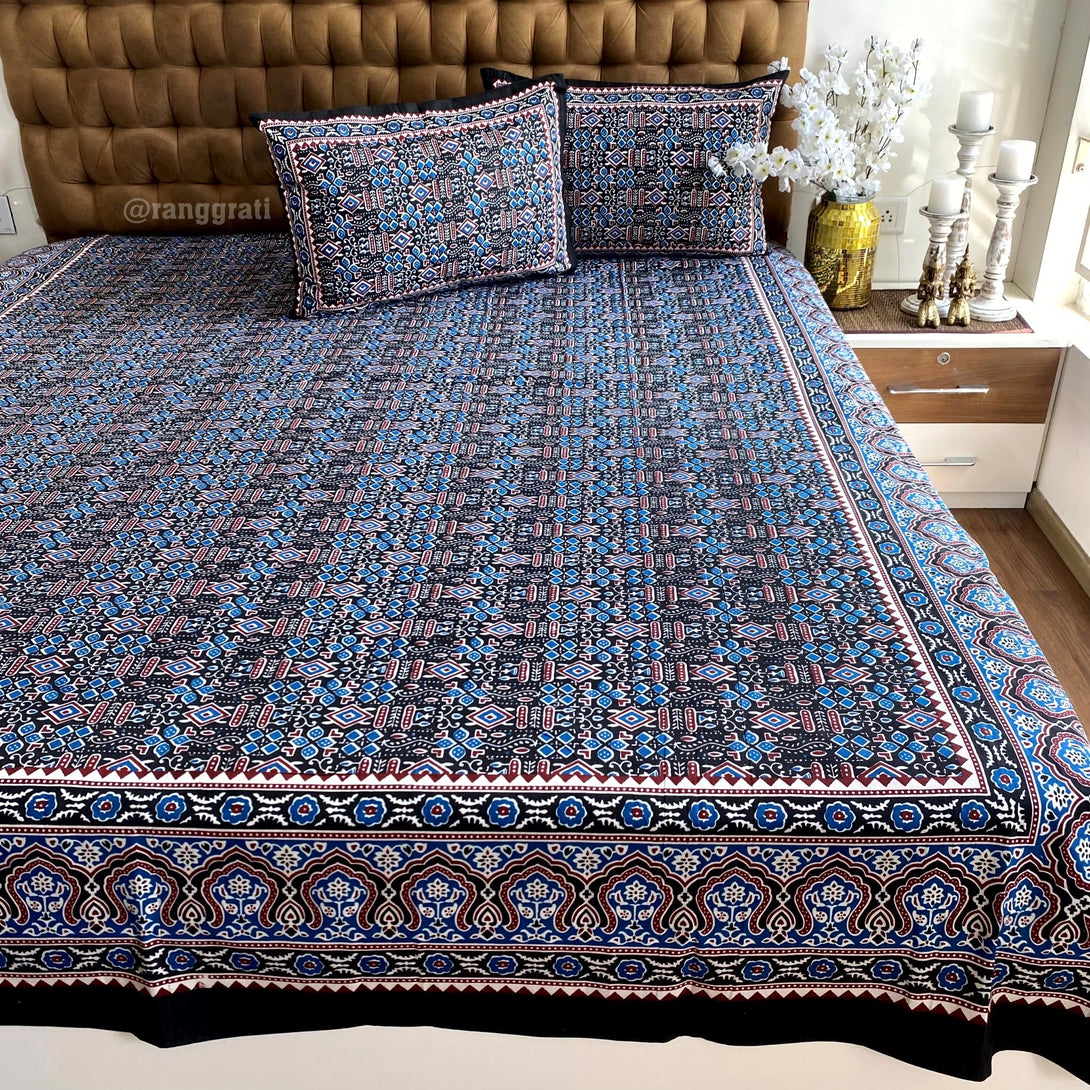 Black Abstract Jaipuri Bedsheet Queen Size Cotton