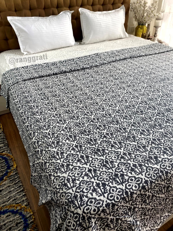 Black Abstract Kantha Bedcover For Double Bed King Size