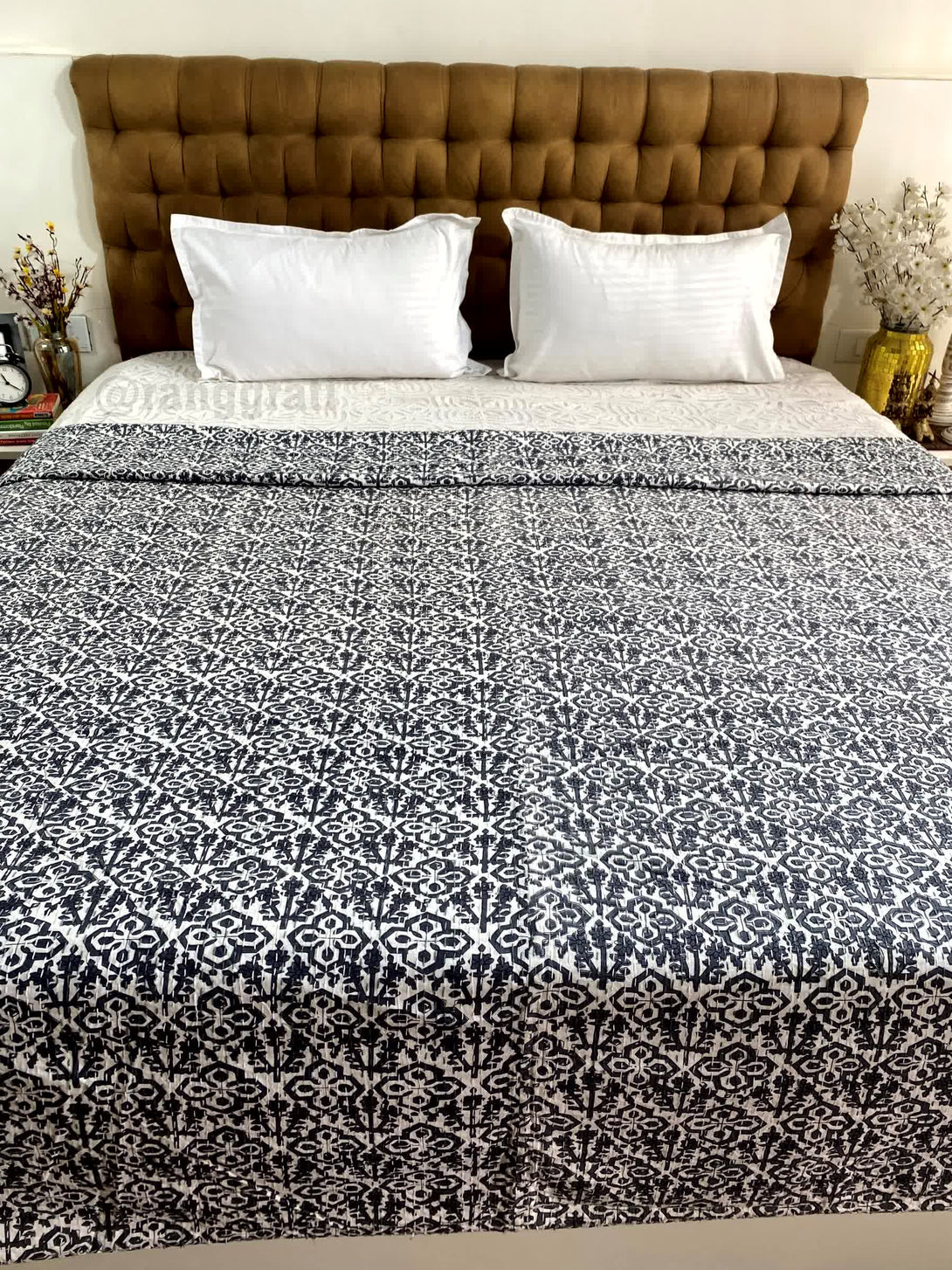 Pure Cotton Black Abstract Kantha Bedcover For Double Bed King Size