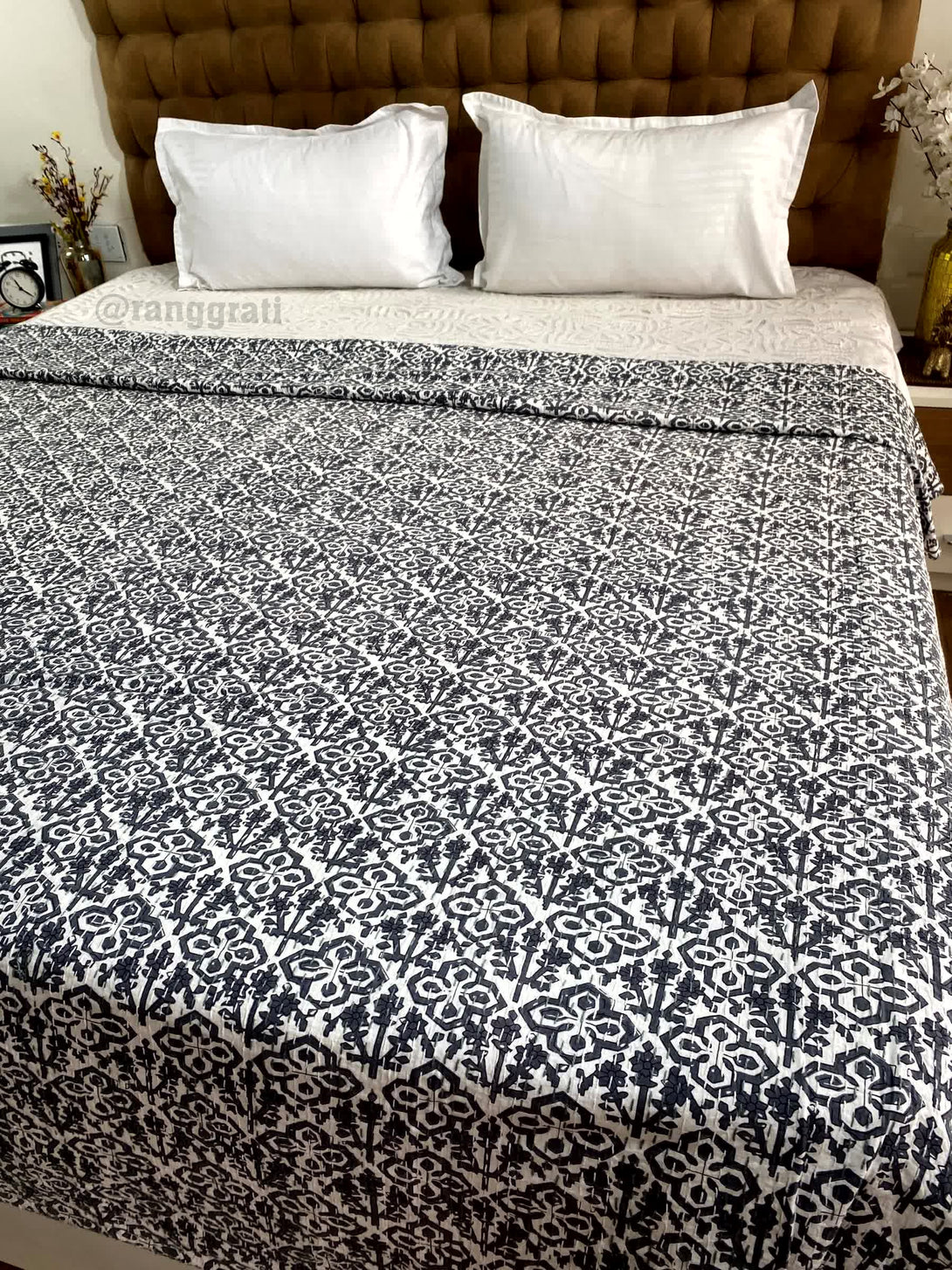 Black Abstract Kantha Bedcover King Size For Double Bed 
