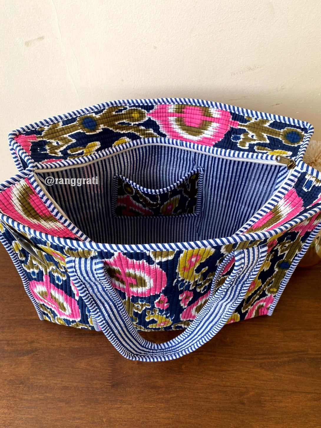 Black and Mustard Paisley Tote Bag Quilted In Cotton With Zip