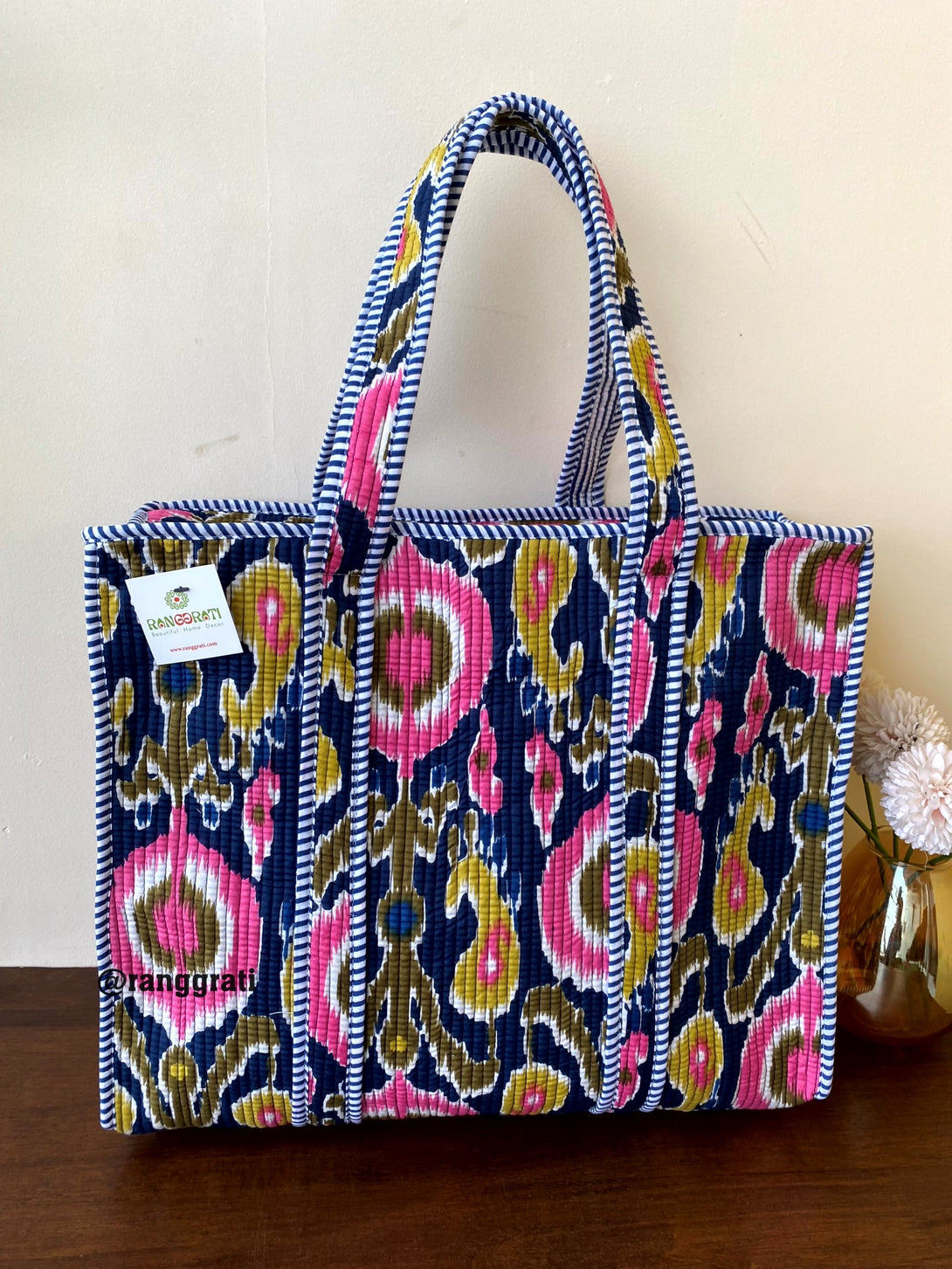 Black and Mustard Paisley Tote Bag Quilted Hand Block Printed In Cotton With Zip