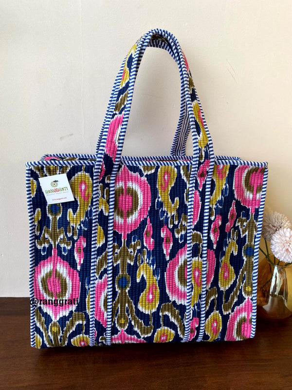 Black and Mustard Paisley Tote Bag Quilted Hand Block Printed In Cotton With Zip
