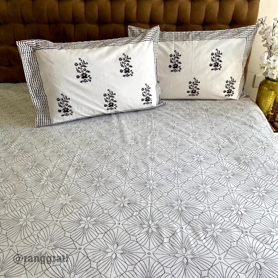 Black and White Geometric King Size 250 TC Bedsheet Pure Cotton Hand Block