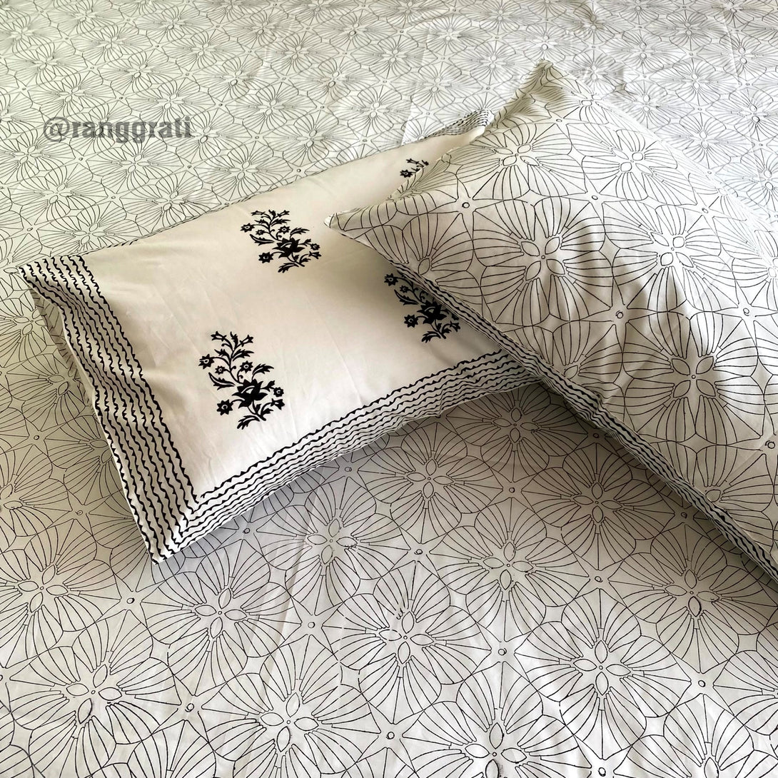 King Size Black and White Geometric 250 TC Bedsheet Pure Cotton Hand Block