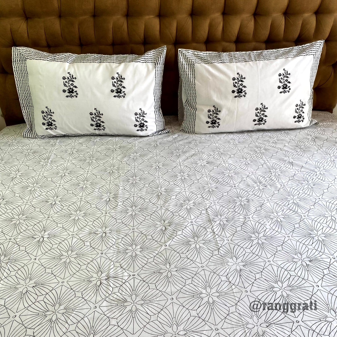 Pure Cotton Black and White Geometric King Size 250 TC Bedsheet Hand Block
