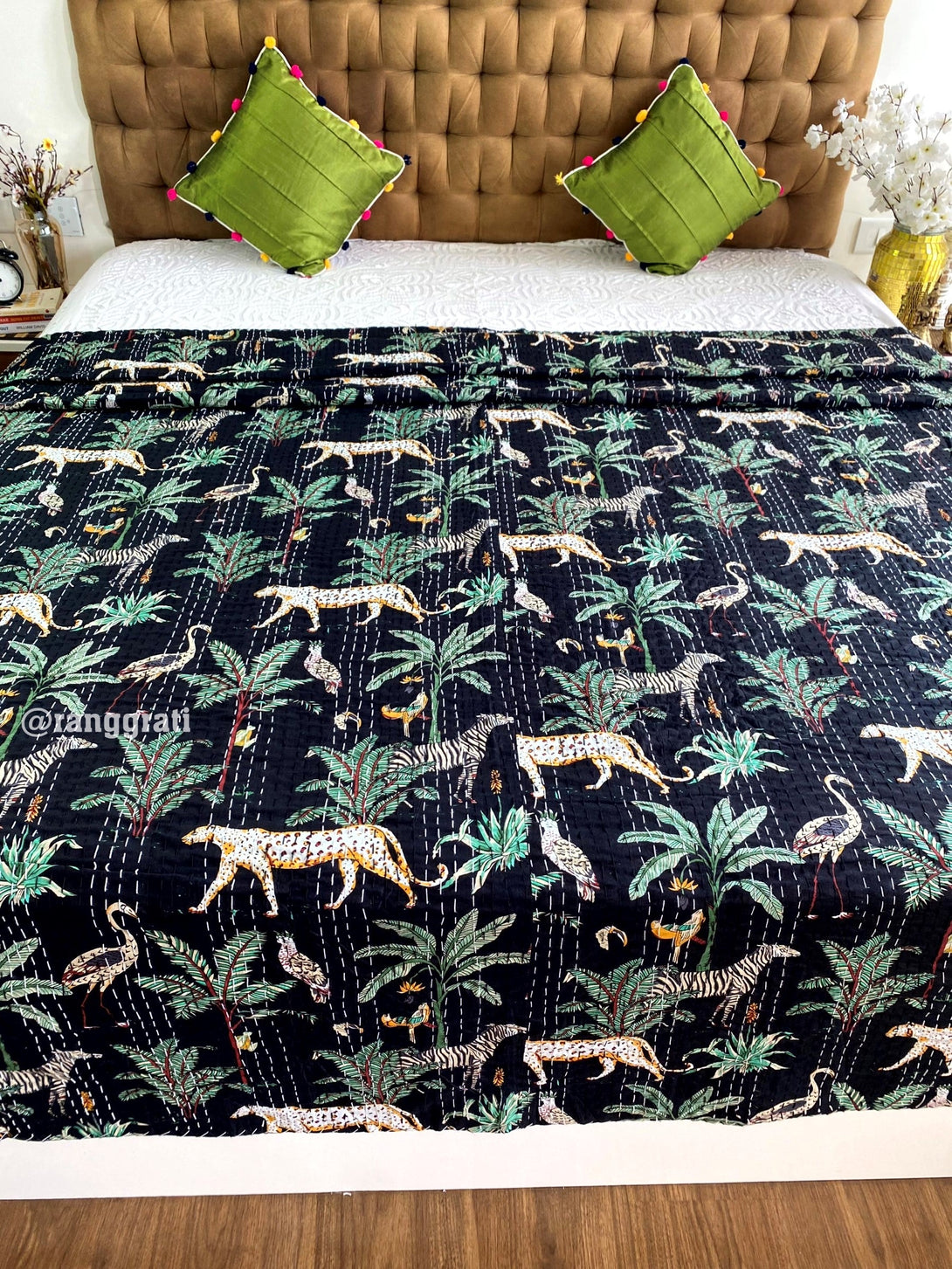 Black Animal Kantha Bedcover For Double Bed King Size - Bedcover