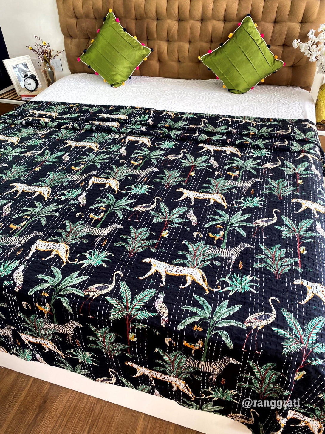 Black Animal Kantha Bedcover For Double Bed King Size - Bedcover