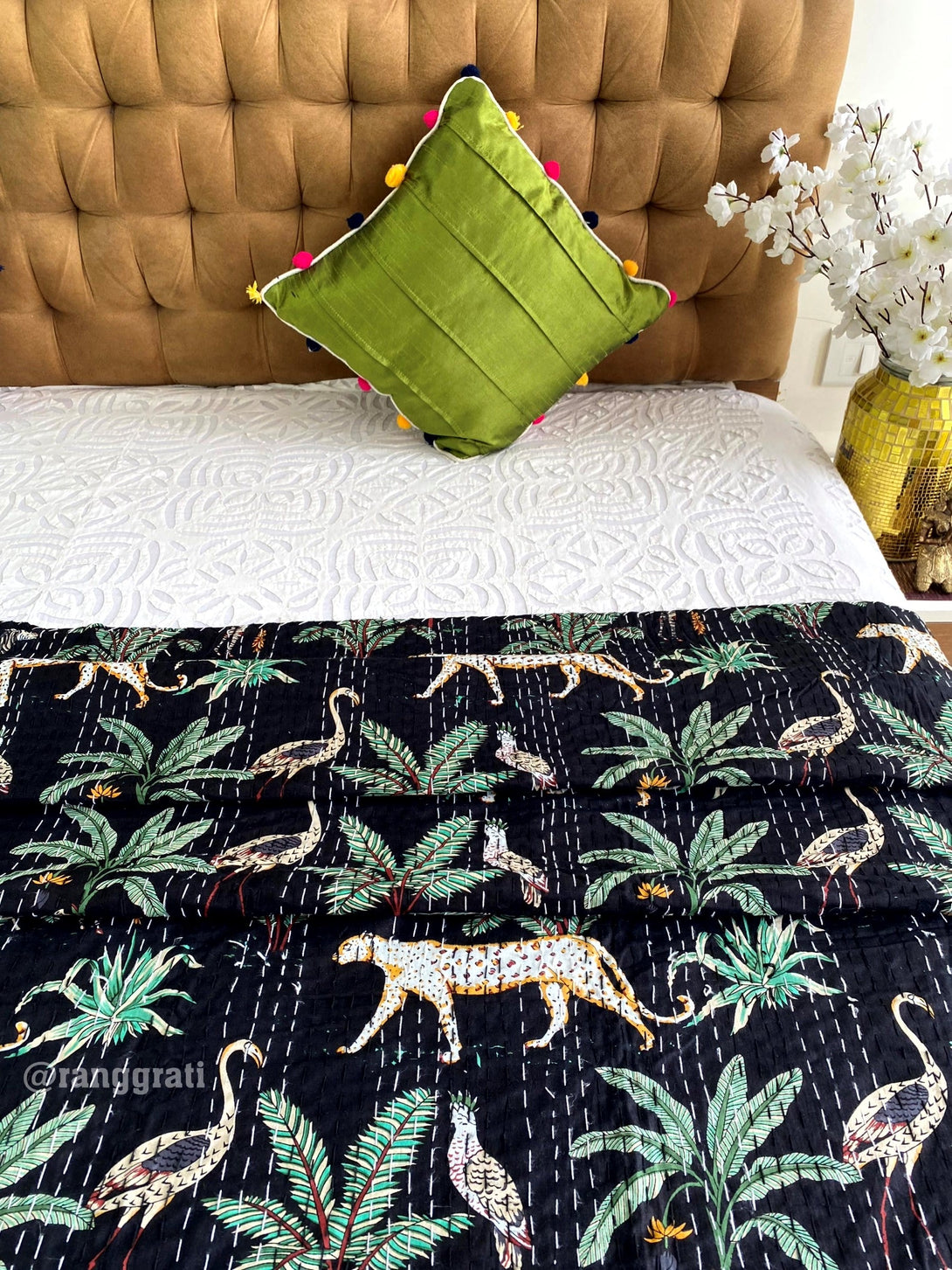 Black Animal Kantha Bedcover For Double Bed King Size - Bedcover