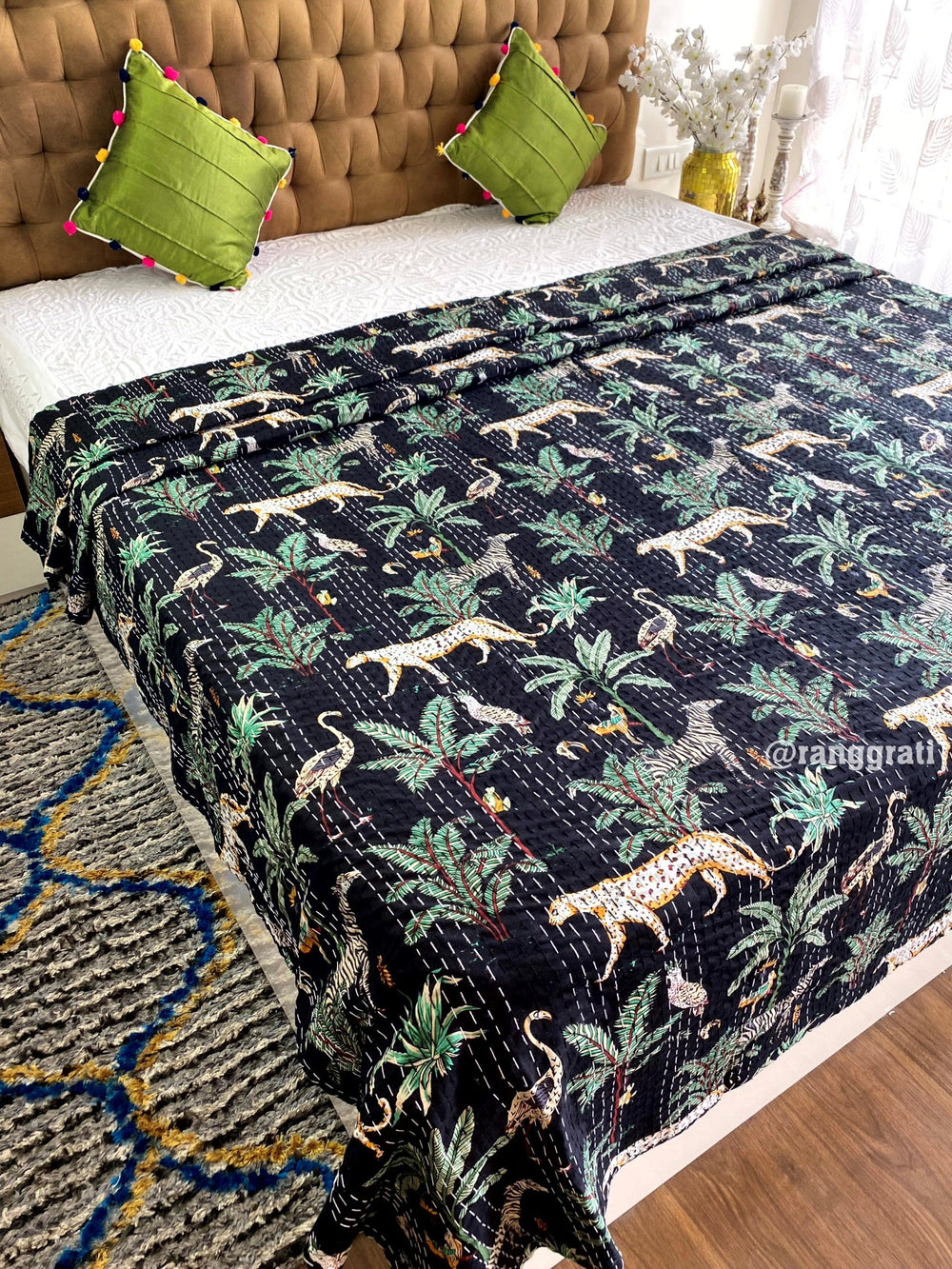 Black Animal Kantha Bedcover For Double Bed King Size - Bedcover