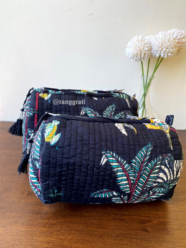 Black Animal Quilted Travel Pouch Hand Block Set of 2 - Pouch