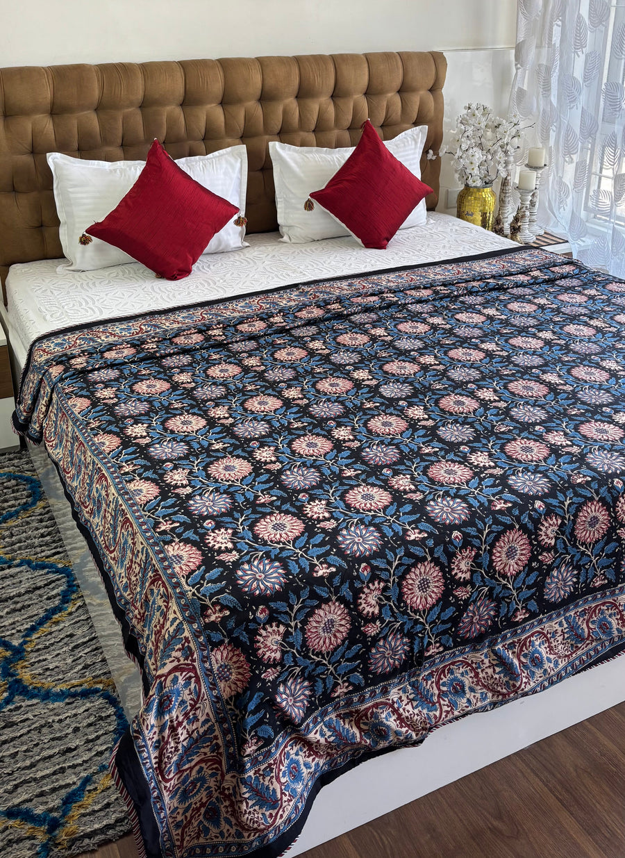 Black Blue Floral Mulmul Cotton Dohar for Double Bed – Reversible AC Dohar