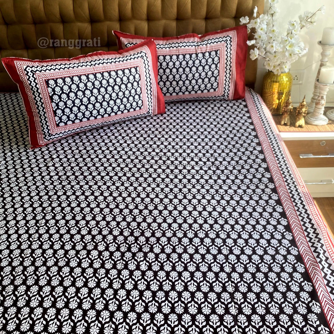 Black Daisy Floral Jaipuri Cotton Bedsheet King Size For Double Bed - Bedsheet