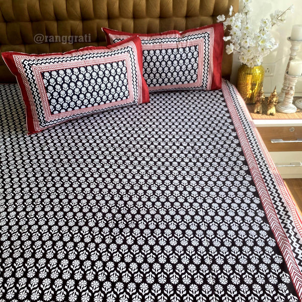 Black Daisy Floral Jaipuri Cotton Bedsheet King Size For Double Bed - Bedsheet