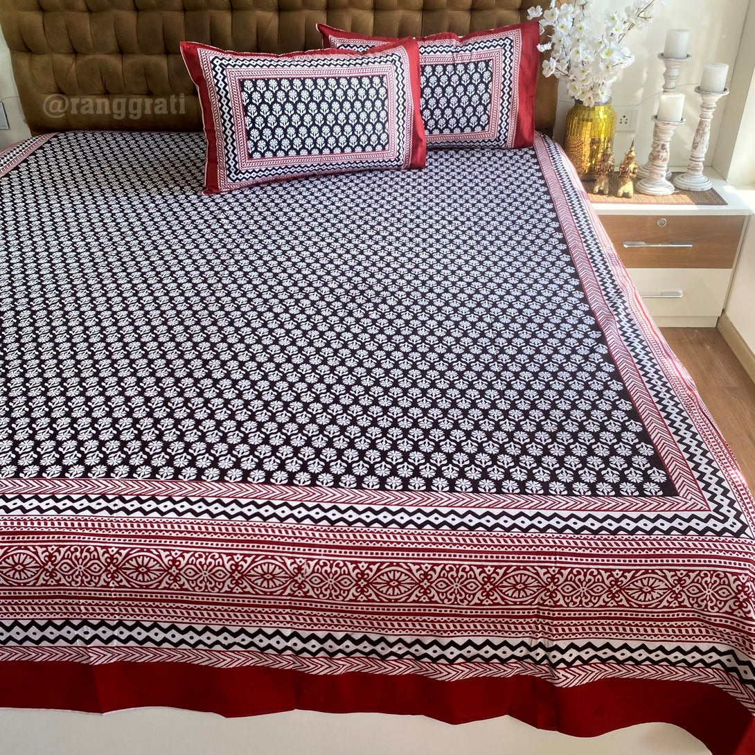 Black Daisy Floral Jaipuri Cotton Bedsheet King Size For Double Bed - Bedsheet