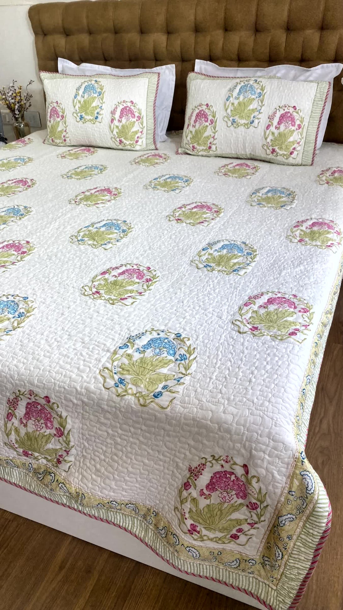 Blooming Haven Quilted Bed cover Mulmul Voile Reversible King Size - Bedcover
