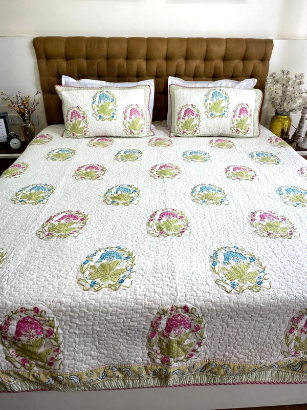 Blooming Haven Quilted Bed cover Mulmul Voile Reversible King Size - Bedcover