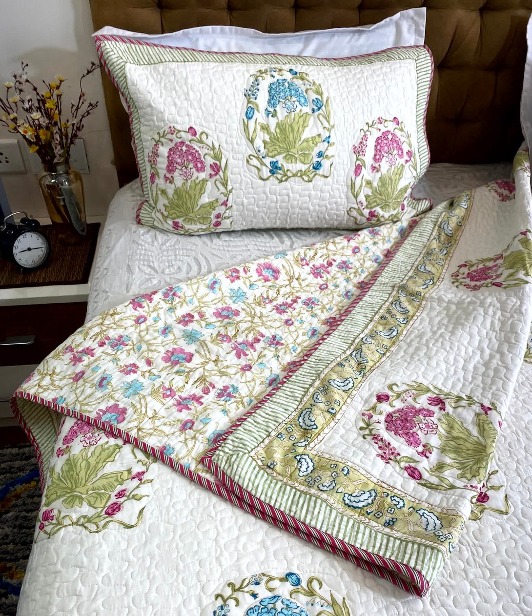 Blooming Haven Quilted Bed cover Mulmul Voile Reversible King Size - Bedcover