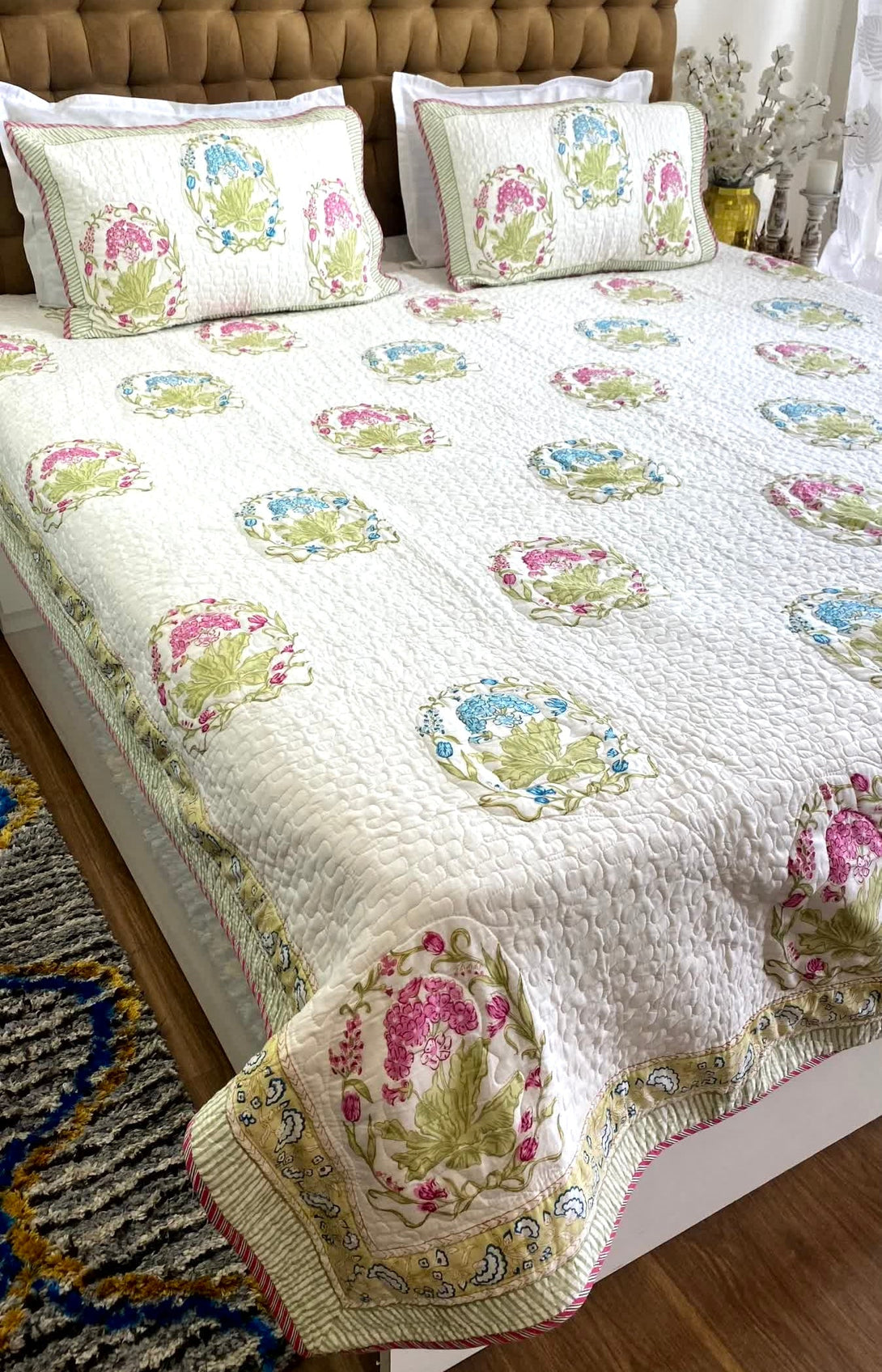 Blooming Haven Quilted Bed cover Mulmul Voile Reversible King Size - Bedcover