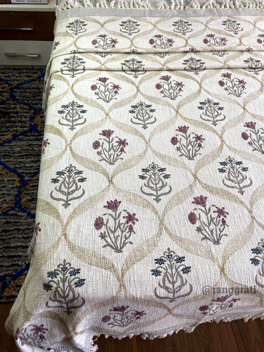 Blue And Pink Floral Hand Block Jute Cotton Sofa Throw - Bedcover