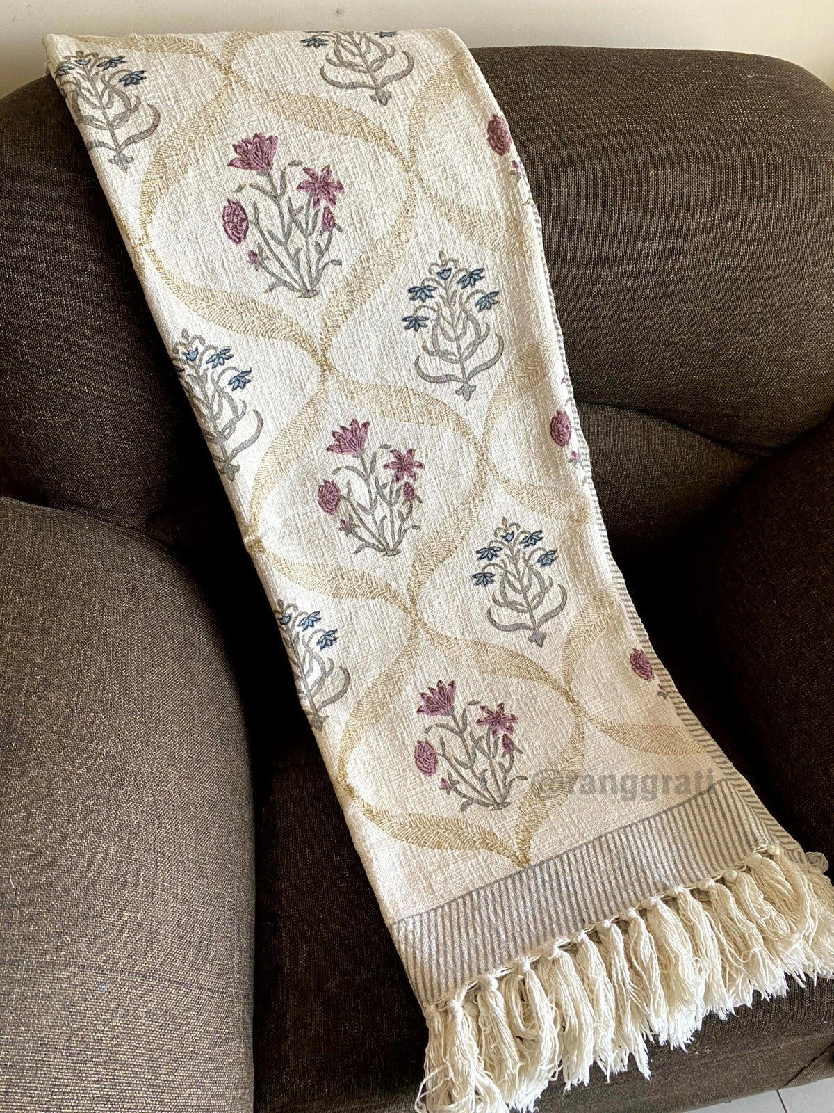 Blue And Pink Floral Jute Cotton Sofa Throw - draped over armchair