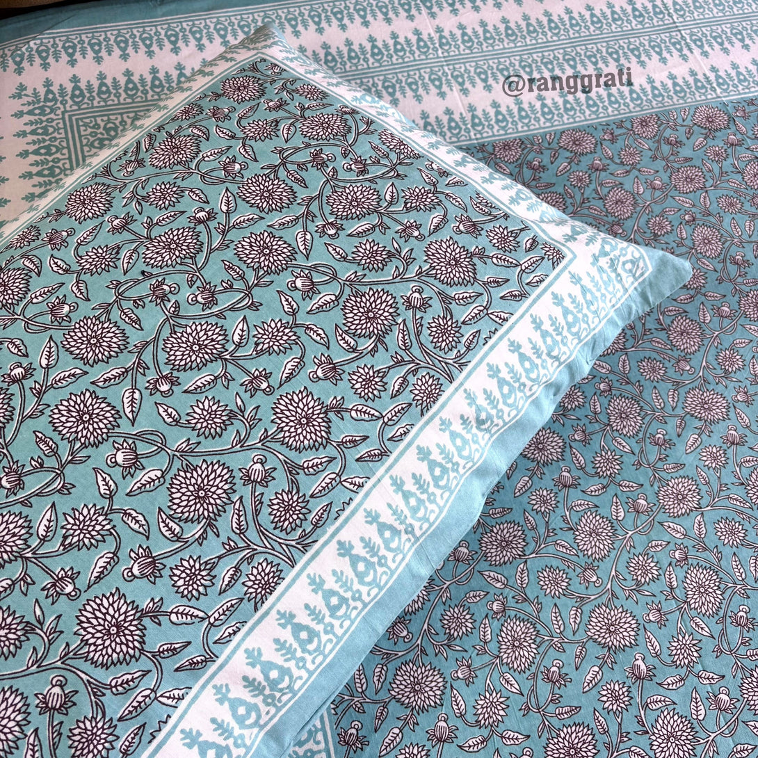Blue And White Floral Jaipuri Cotton Bedsheet King Size - Bedsheet