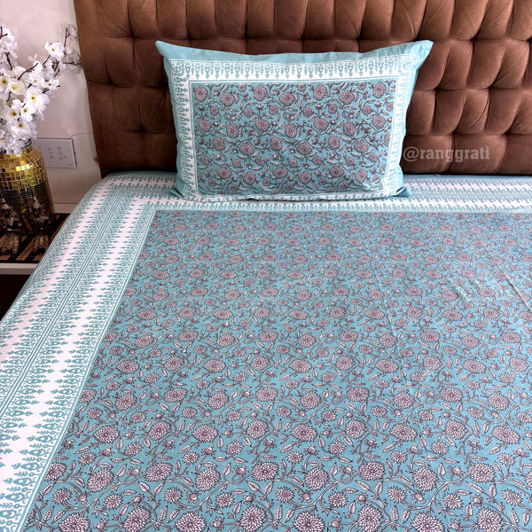 Blue And White Floral Jaipuri Cotton Bedsheet King Size - Bedsheet