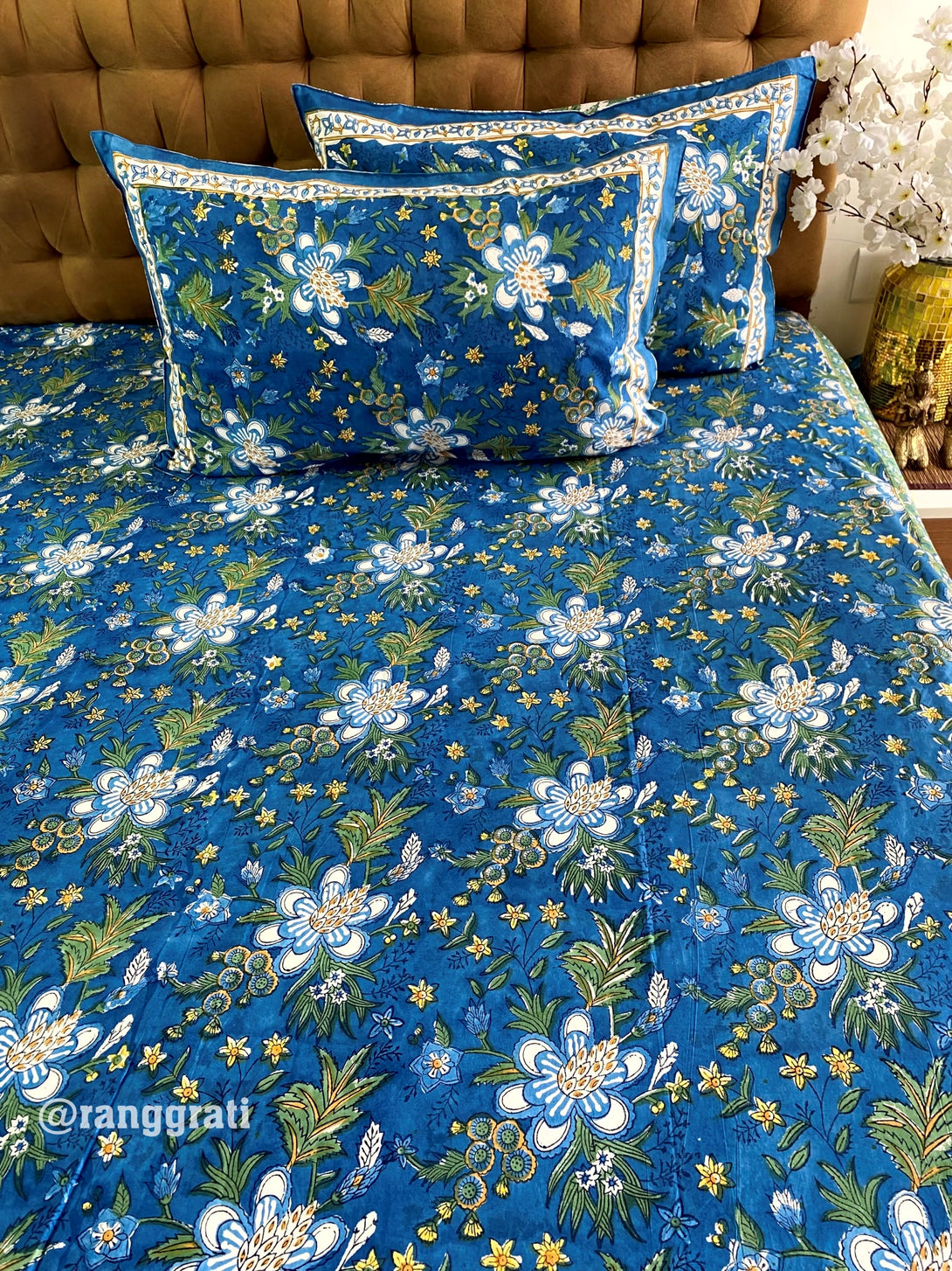 Blue Anemone Floral King Size 250 TC Bedsheet Pure Cotton Hand Block