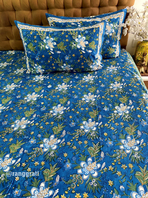 Blue Anemone Floral King Size 250 TC Bedsheet Pure Cotton Hand Block