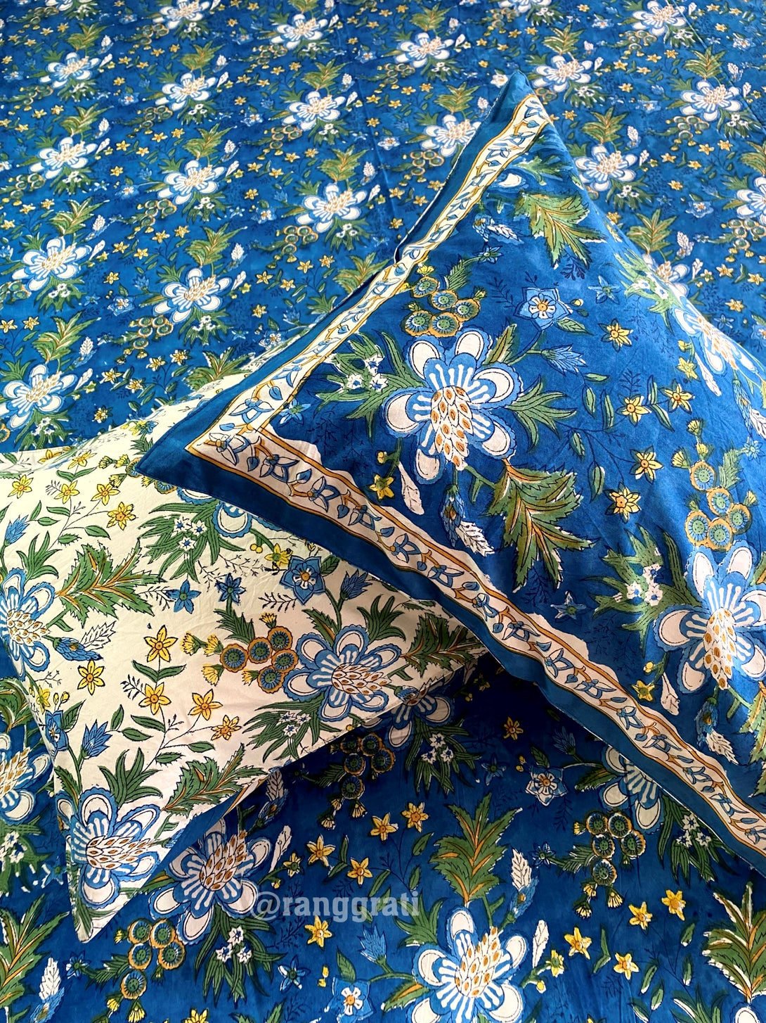 King Size Blue Anemone Floral 250 TC Bedsheet Pure Cotton Hand Block