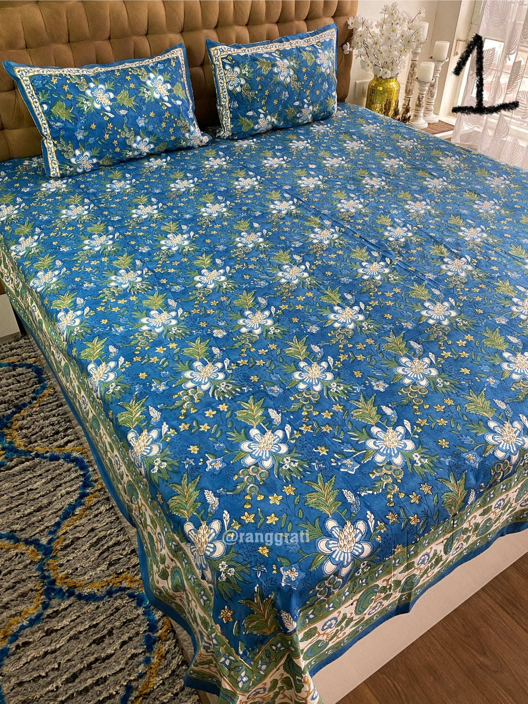 250 TC Blue Anemone Floral King Size Bedsheet Pure Cotton Hand Block