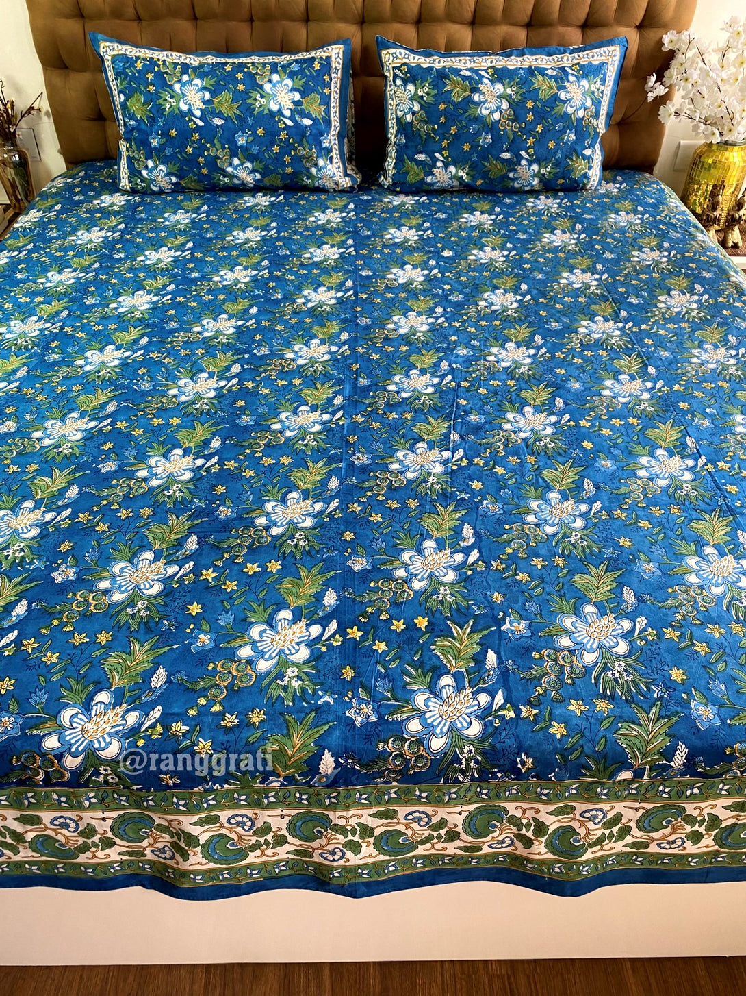 Pure Cotton Blue Anemone Floral King Size 250 TC Bedsheet Hand Block