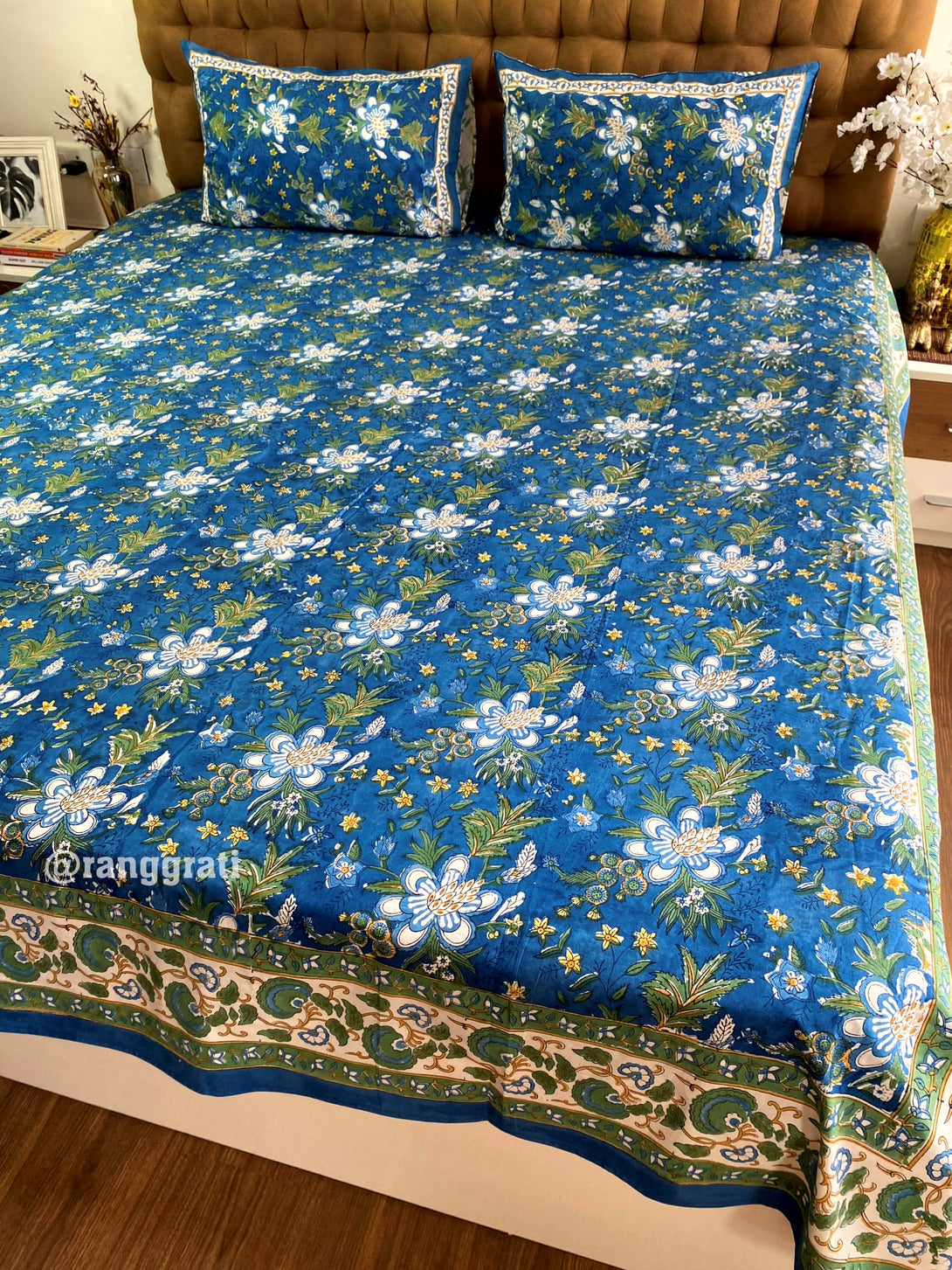 King Size 250 TC Blue Anemone Floral Bedsheet Pure Cotton Hand Block