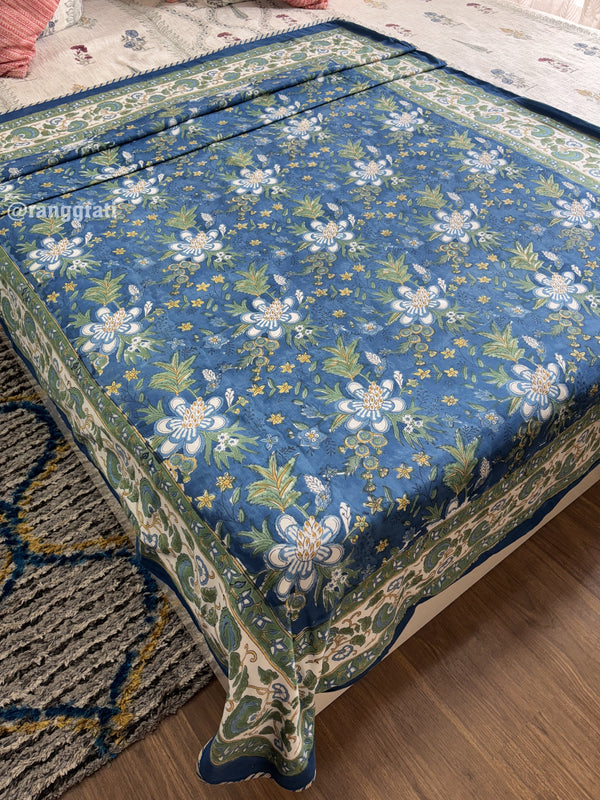 Blue Anemone Floral Dohar For Single Bed In Mulmul Cotton Reversible