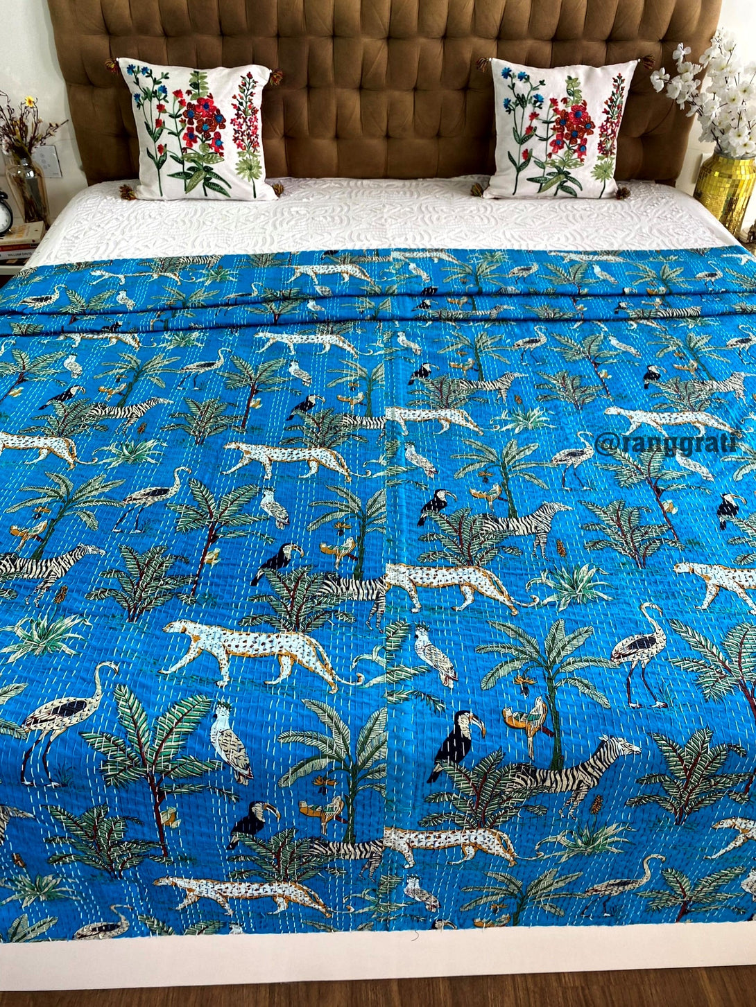 Blue Animal Kantha Bedcover For Double Bed King Size - Bedcover