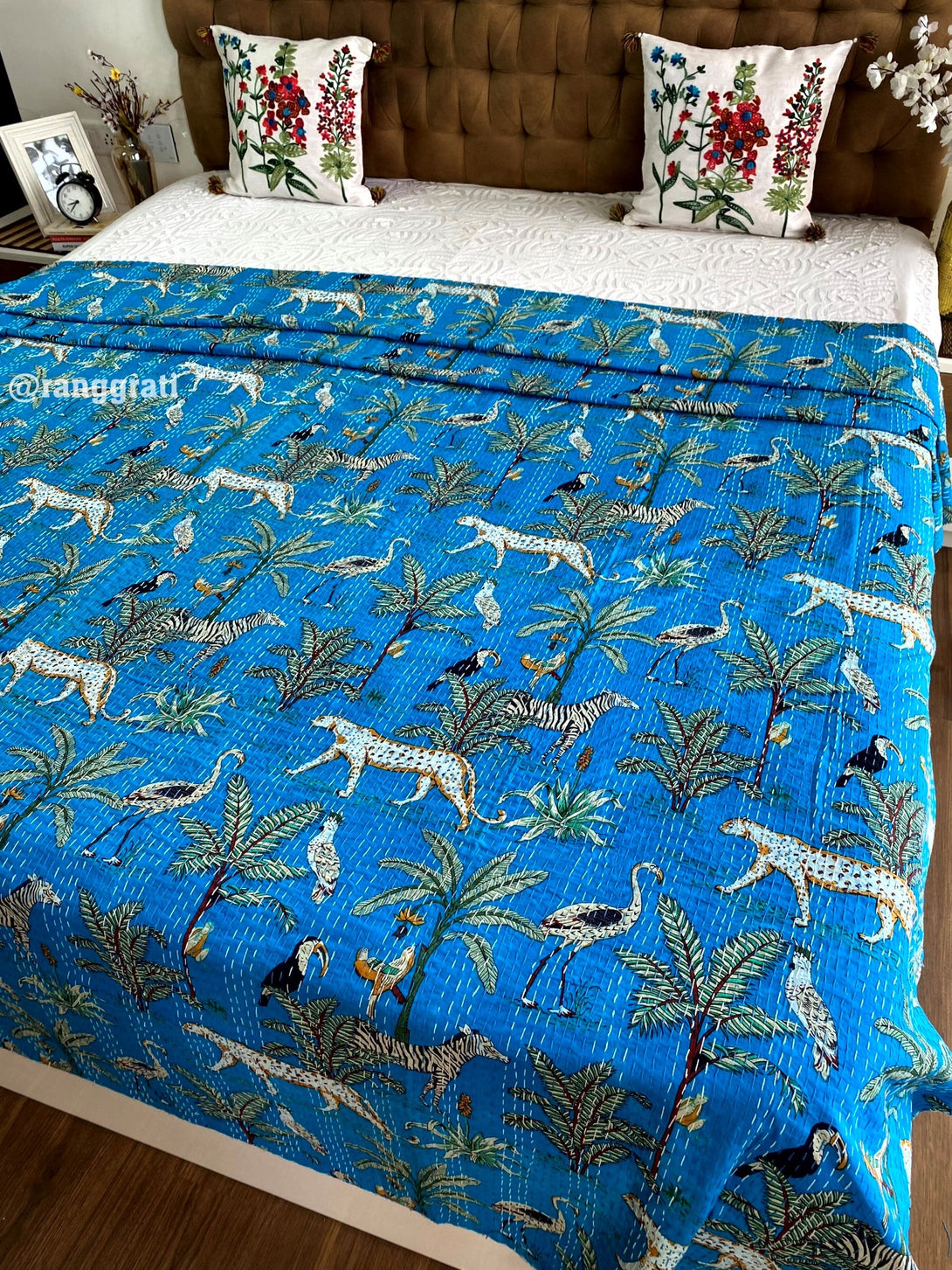 Blue Animal Kantha Bedcover For Double Bed King Size - Bedcover